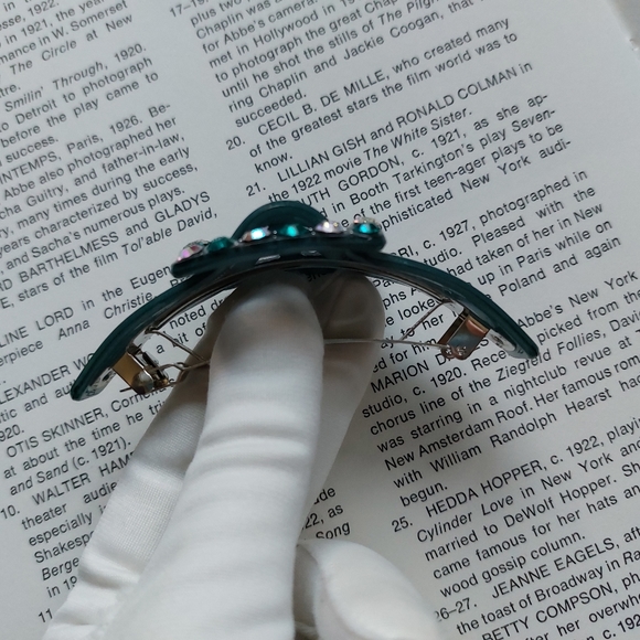 Vintage Barrette Hair Bobby Pin Clip Paris Green Lucite Rhinestones 1990s - Picture 5 of 7